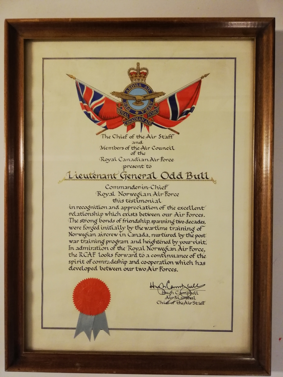 Takkebrev gitt av det Canadiske Luftforsvar til Generalløytnant Odd Bull.