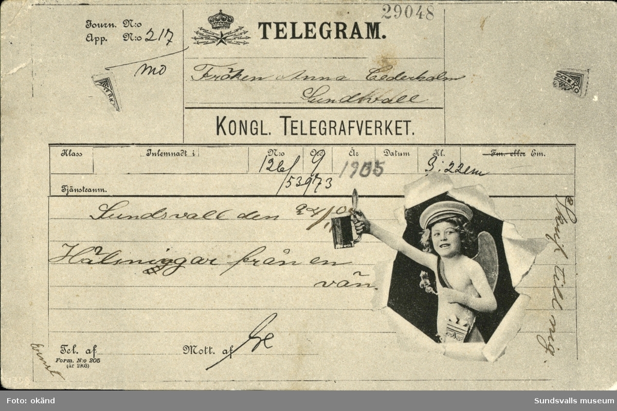 Vykort med motiv utformat likt ett telegram.