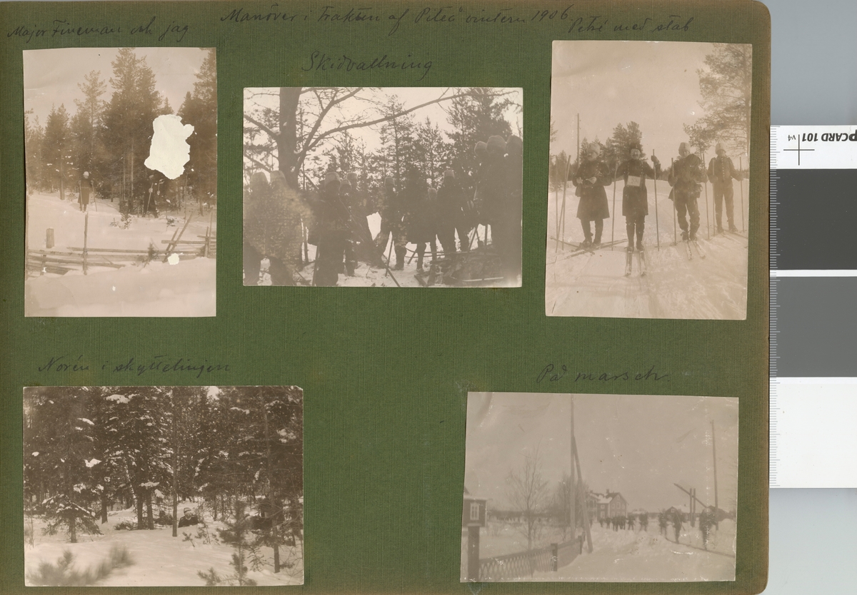 Text i fotoalbum: "Manöver i trakten af Piteå vintern 1906. Petré med stab."
