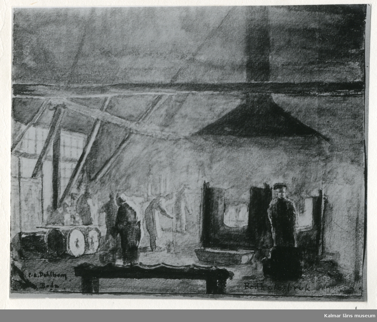 Interiör av den första hyttan i Boda. Foto efter målning av C.E. Dahlbom, 1866.