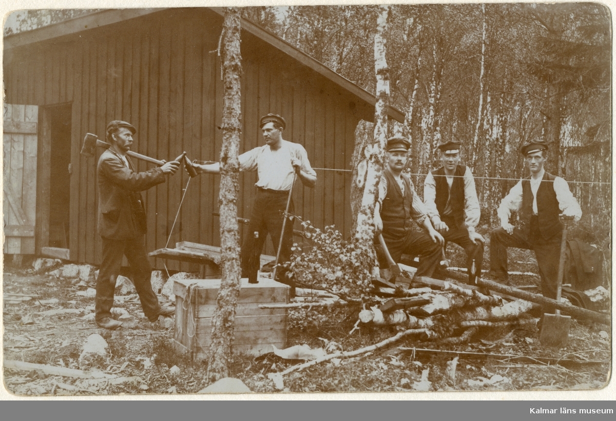 Röjning i verdaniparken i Boda 1913. F. v. Karl Johansson, Ö. Hällasjö, Viktor Samuelsson, Johan Winsth, Bror Johansson och Gunnar Andersson. Samtliga från Boda.