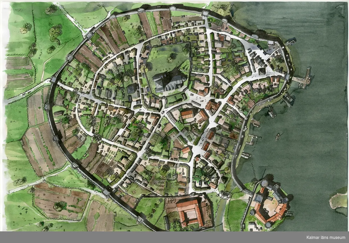 Gamla staden, den medeltida staden, sedd i plan uppifrån med stadsmur, kvarter, bryggor, byggnader, Kalmar slott, kloster, bykyrkan mm.