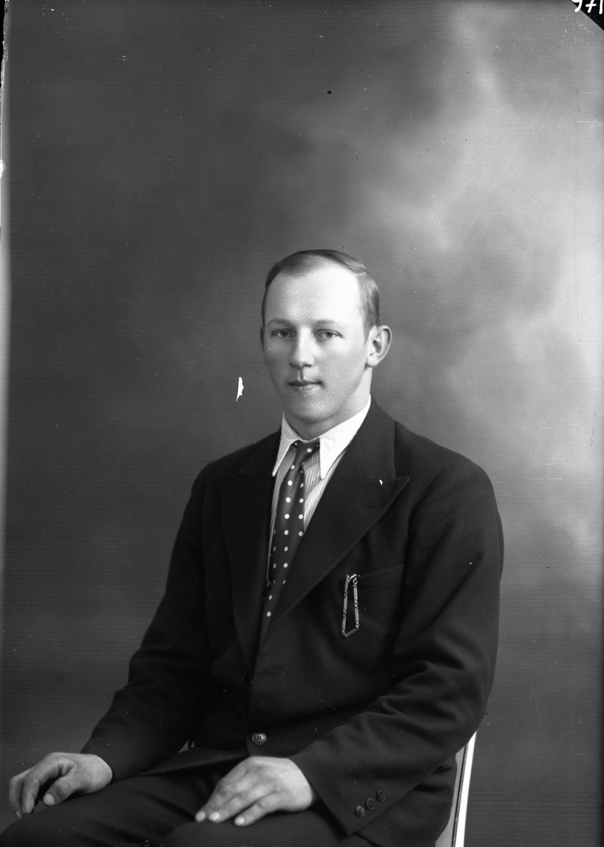 Porträtt av Arvid Gustafsson från Jonstorp. En ung man i kostym, svagt randig skjorta och prickig slips.