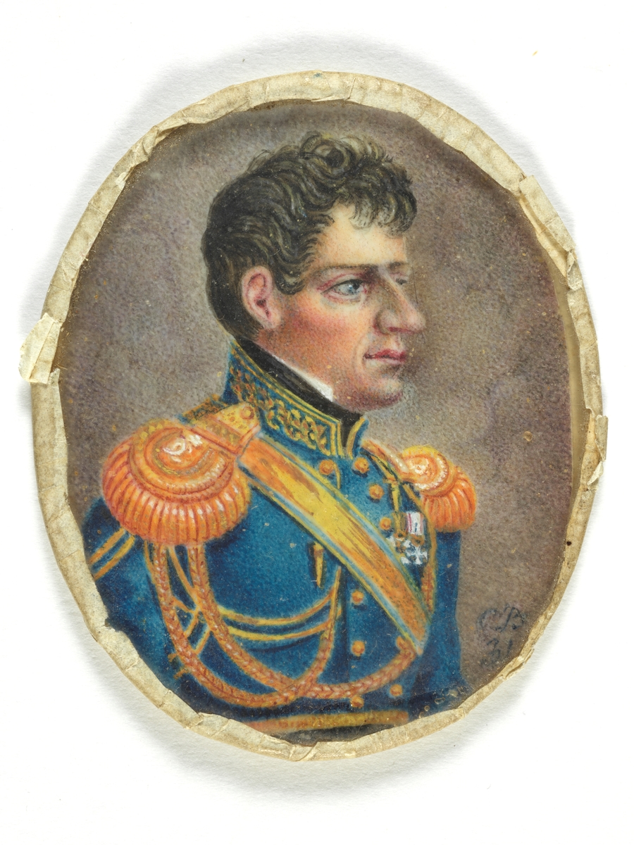 Generalmajor Birch i uniform med epåletter. Han var ansatt i Stockholm hos Kong Karl Johan fra 1817 til 1824. Epålettene har kongens initialer.
