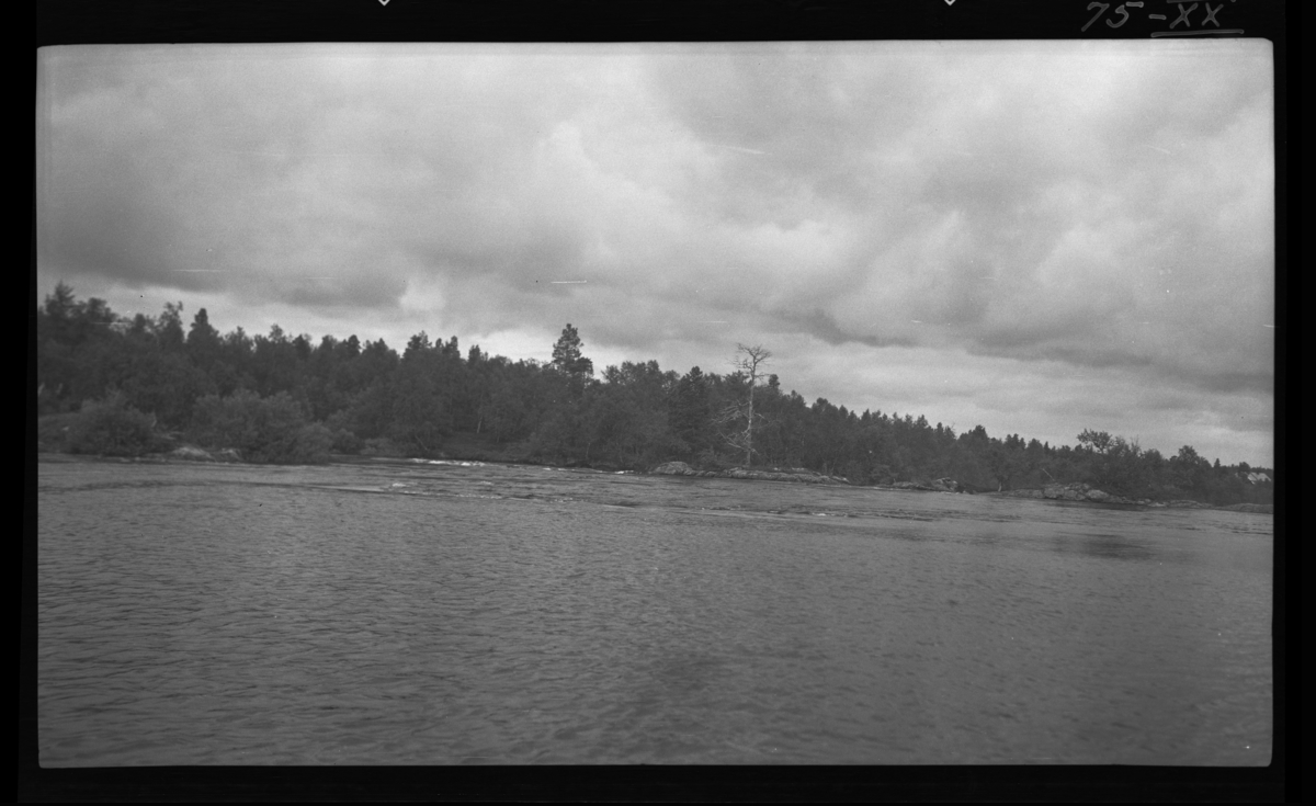 Venstre del av Skogfoss, sett ovenfra. "Bildet kan ved beskjæring settes sammen med bildet med løpenummer 2004. Bildet er tatt fra båt på elva". Pasvikelva.