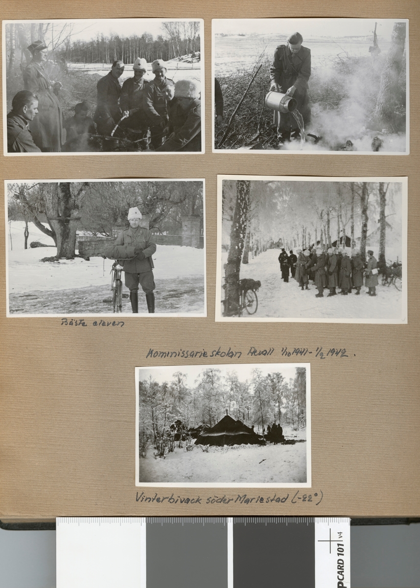 Text i fotoalbum: "Komissarieskolan vid I 9 Depå Axvall 1/10 1941- 1/2 1942. Vinterbivack söder Mariestad (-22)".