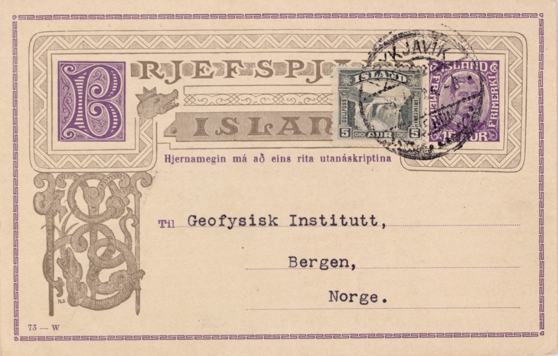 Takkekort-samling vedr. polarskipet MAUD. Takkekort fra Rjefspjavik, Island  (med frimerke) i forbindelse med at de har mottatt publikasjon vedr. MAUD sin polekspedisjon i 1918-1925.