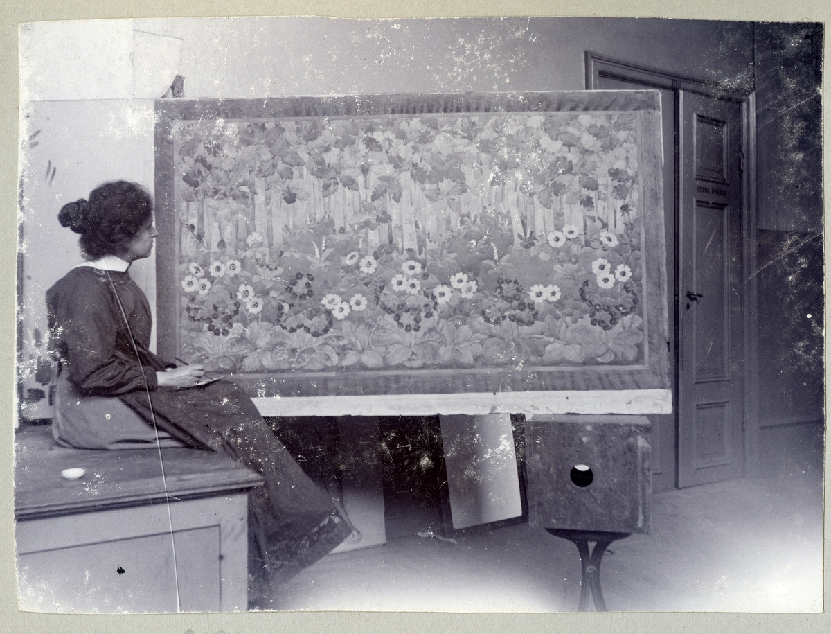 Stockholm. 
Kvinna sitter och tittar på tavla med vivor. 1901.