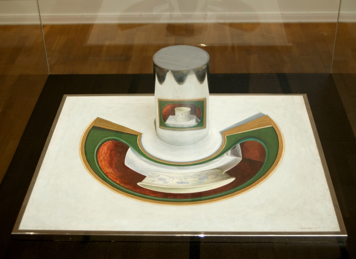En målad bild på en liggande dukplan i vars mitt en speglande cylinder är uppställt, i vilken den förvända bilden tar riktiga proportioner.