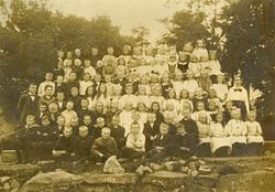 Lærere og elever på Sævland skole 1919. Poserer med trær i b