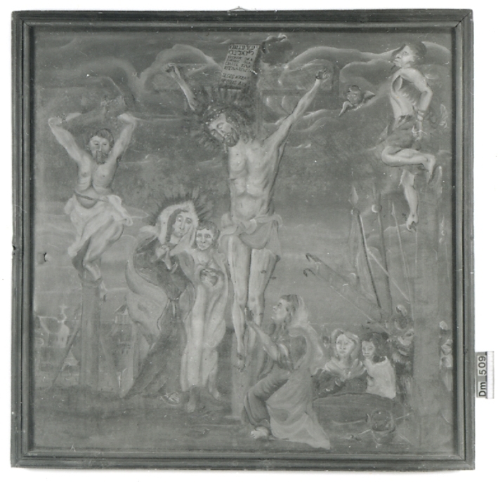 Altartavla föreställande korsfästelsen. Målad i olja på duk.
Anskaffad  till museet 1895.