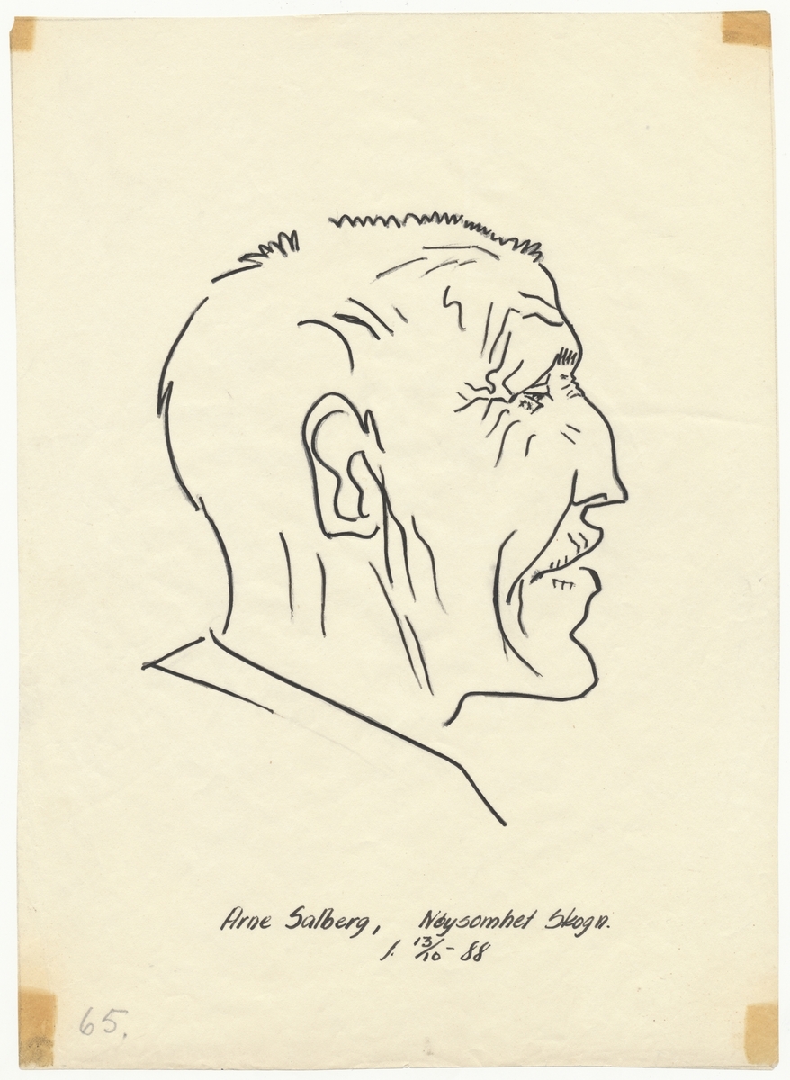 Portrettegning (karikatur) av falstadfange Arne Salberg (f. 1888), Skogn.
