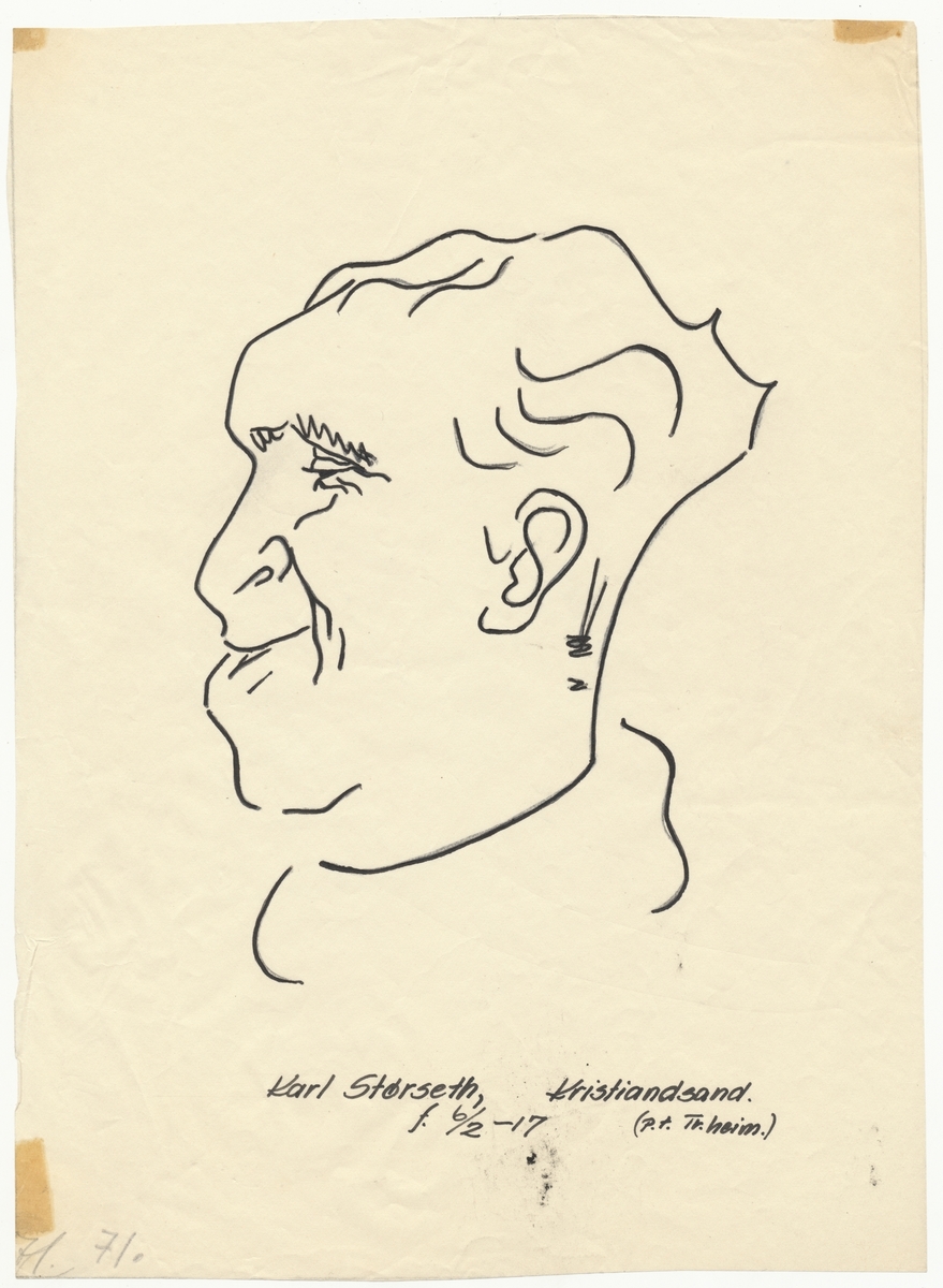 Portrettegning (karikatur) av falstadfange Karl Størseth (f. 1917), Kristiansand/Trondheim.