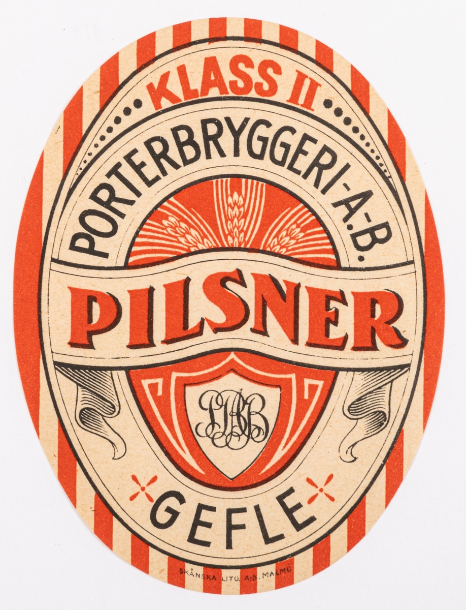 Öletikett: Pilsner Klass II, Porterbryggeriet AB. 
Del av samling bryggerietiketter av papper, från olika bryggerier i Gävle.