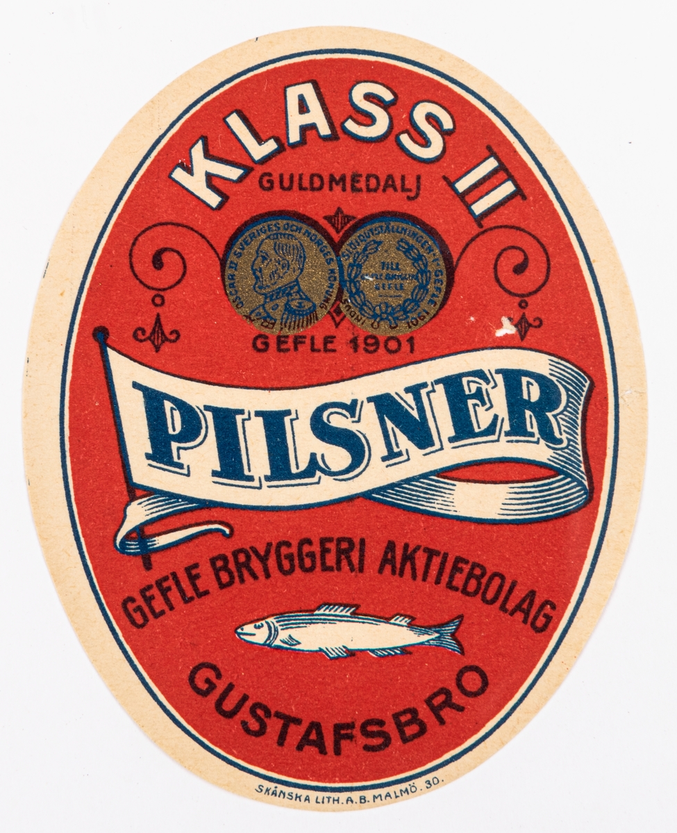 Öletikett, Pilsner Klass II, Gefle Bryggeriaktiebolag, Gustafsbro.
Del av samling bryggerietiketter av papper, från olika bryggerier i Gävle.