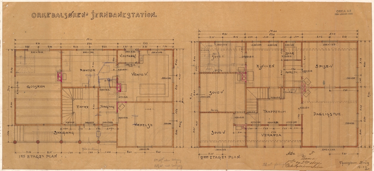 Plan av 1. og 2. etasje Orkanger stasjon. [Tegning]