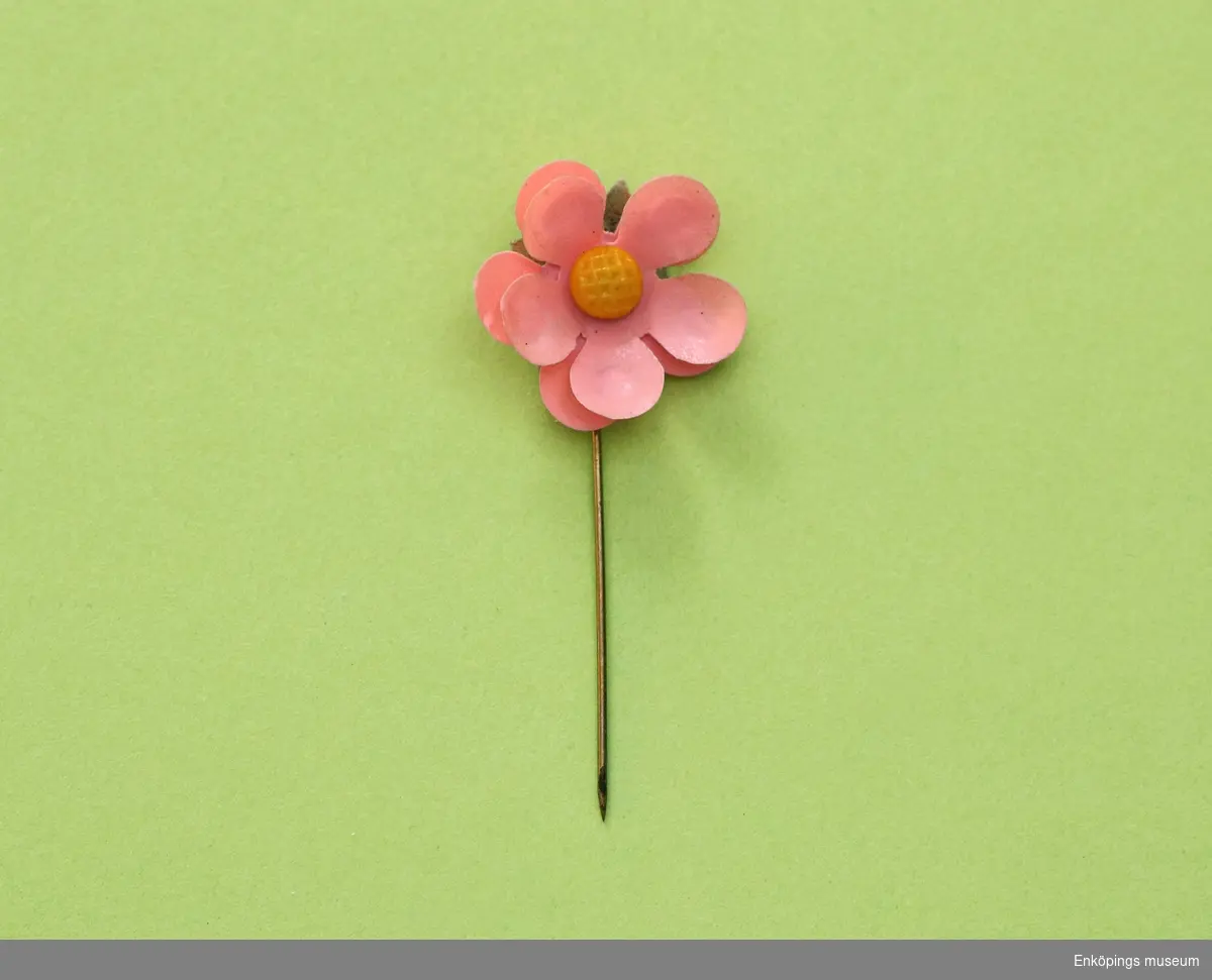 Majblomma från år 1924.
Blomman är gjord av rosa celluloid och har fem blad i dubbla lager, totalt 10 blad och en gul mittknapp, även denna gjord av celluloid. 
Under kronbladen finns spetsiga, gröna foderblad. Det som håller blomman samman är en nål av mässing.