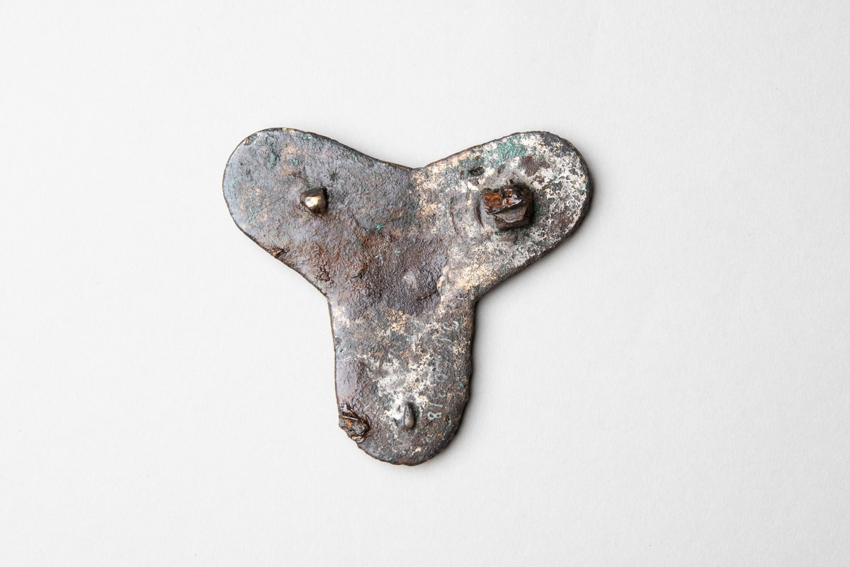 Treflikigt spänne av brons från 900-talet i Borrestil. Armarna, från centrum räknat, är 47 mm långa, 32 mm breda. Nålhållare bevarad men inte nålen. Textilrester kvar.