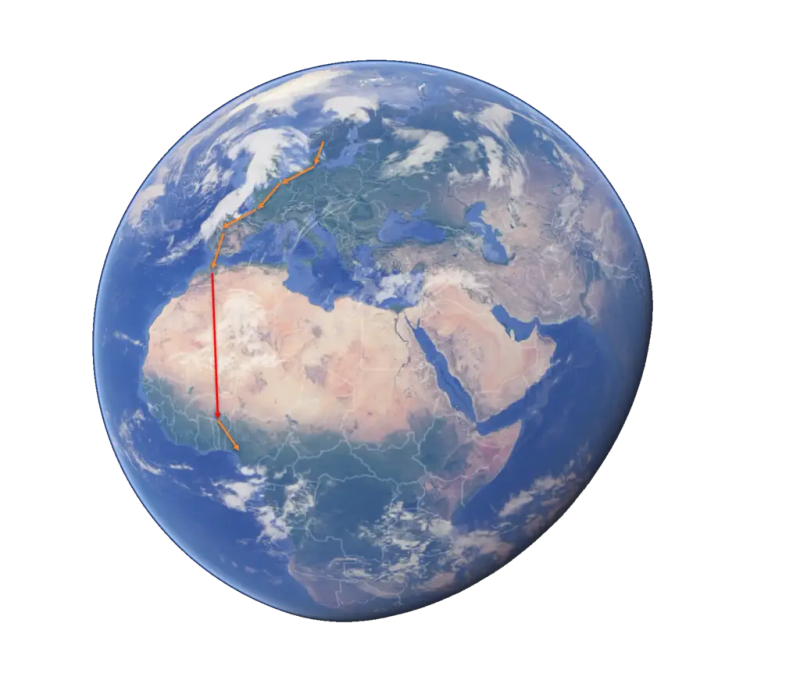 Kartutsnitt av jordkloden i Google Maps med en fugletrekkrute illustrert på kloden