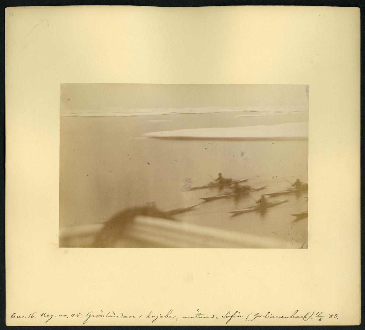 Svenska Grönlandsexpeditionen 1883. Grönländare i kajaker möter expeditionsfartyget, kronoångaren SOFIA, i Julianenhaab.