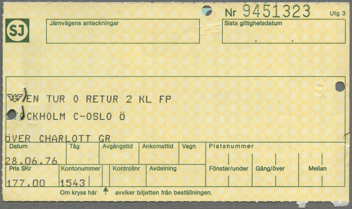En tur och returbiljett i 2:a klass för sträckan Stockholm C till Oslo Ö. På baksidan finns reseinformation. Biljetten är klippt.