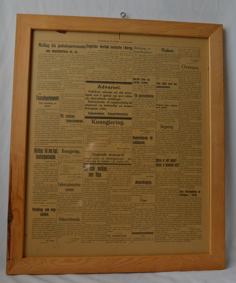 Innrammet meldingsblad fra 20. april 1940.