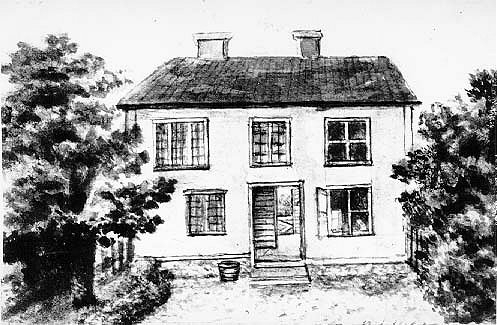 Fotografi av teckning av "Pilgrimmens hus", Brahegatan 60. Ett litet tvåvåningshus, möjligen med port genom huset.