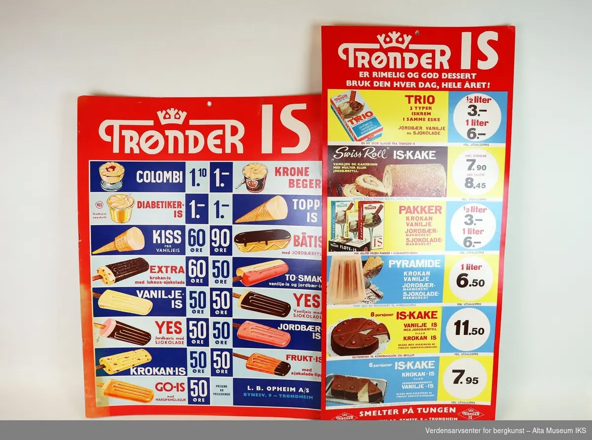 Fem reklameplakater for Trønder Is i to varianter. Plakatene har bilder, beskrivelser og priser på de ulike typene iskrem fra produsenten.
