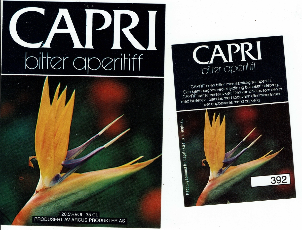 Capri bitter aperitiff 20.5 % vol. Produsert av Arcus Produkter AS. 