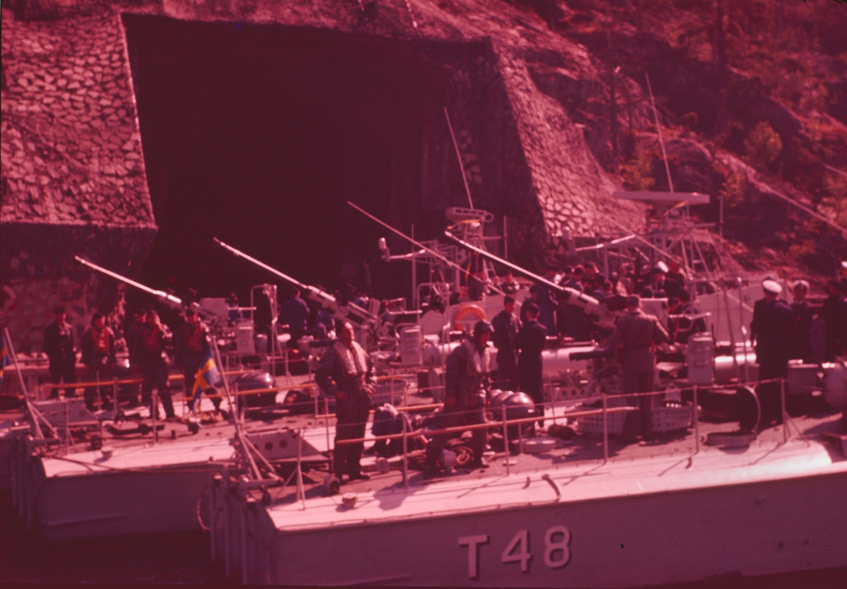 Bilden visar ett flertal motortorpedbåtar förtöjt vid en tunnel. I förgrunden syns T 48.