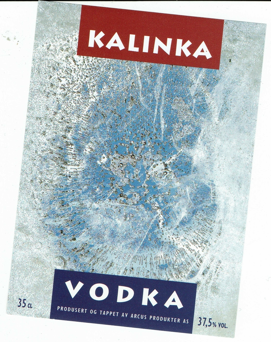 Kalinka Vodka.  37.5% vol. Produsert og tappet av Arcus Produkter AS. 