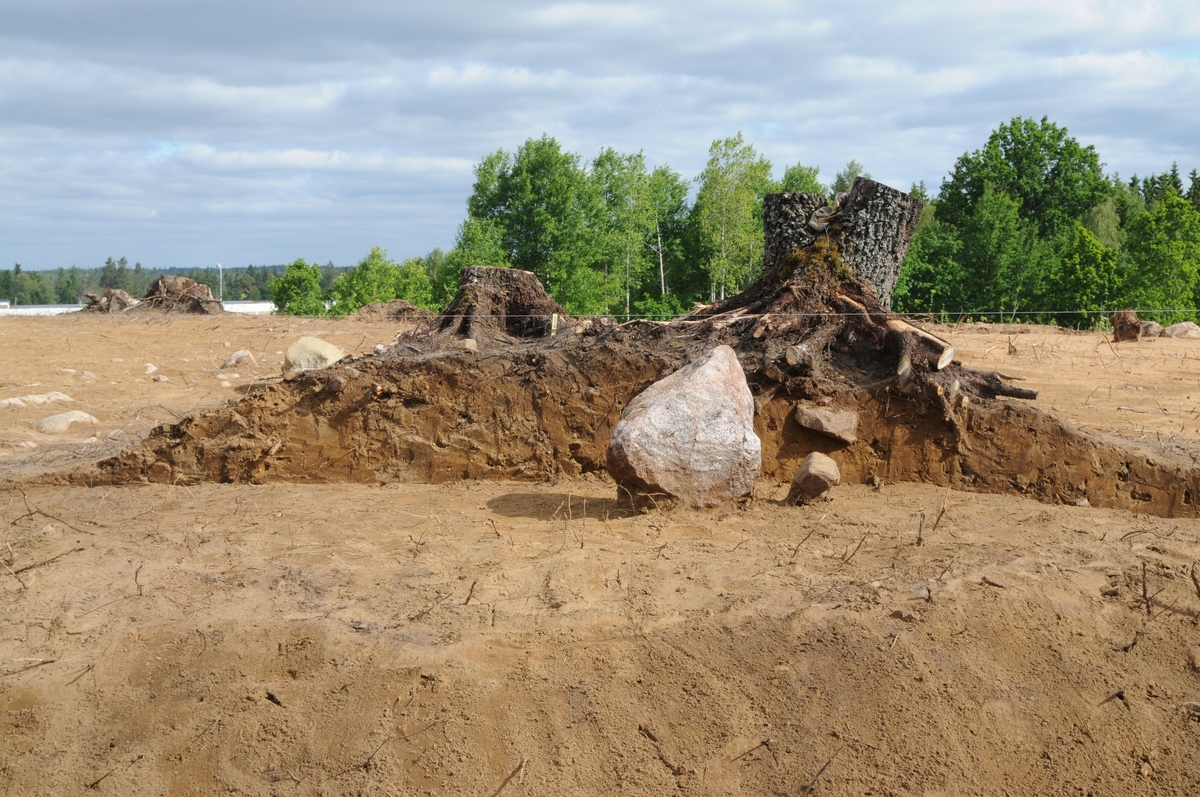 En gravhög som undersökts genom att den har snittats. I förgrunden finns en rest sten. Foto taget vid en arkeologisk undersökning i Smålandsstenar i Villstad socken i Gislaveds kommun.