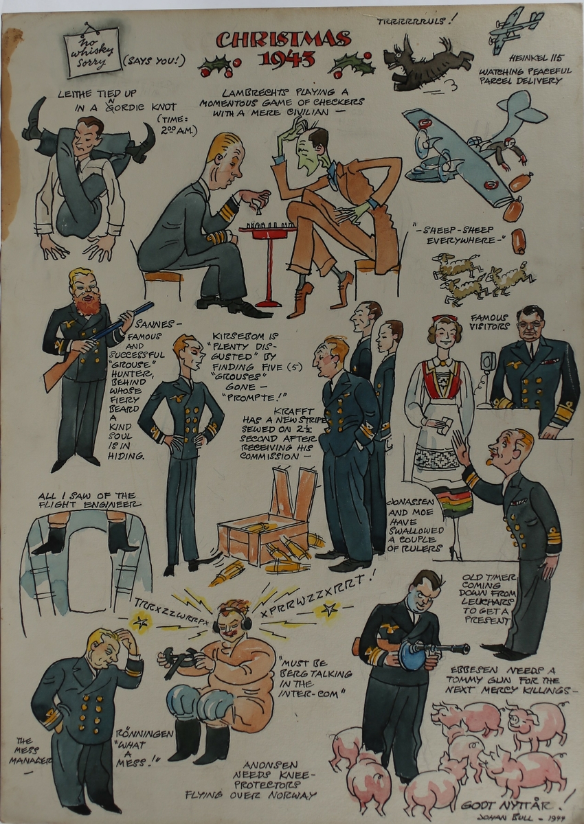 Akvarelltegning på papp, med karikaturer av flere personer.  Fra 1943.