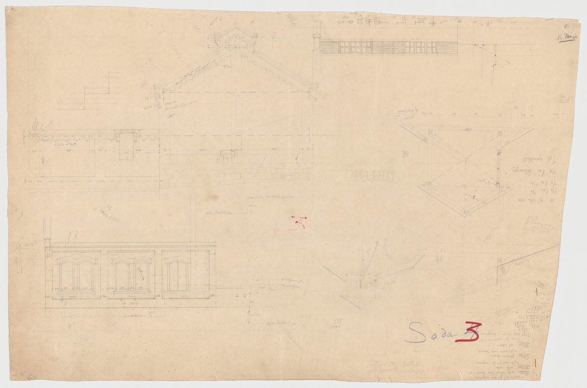 Tegning, bygningstegning, A/S Klevfos Cellulose- & Papirfabrik. Fasadetegning av luthus (informasjon fra vedhengt lapp).