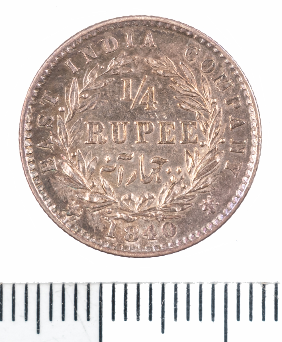 Mynt Indien 1840, 1/4 Rupee.