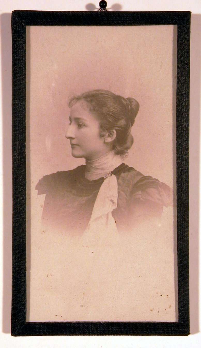 Profilportrett av en ung voksen dame i mørk kjole med hvitt sjerf og oppsatt frisyre.