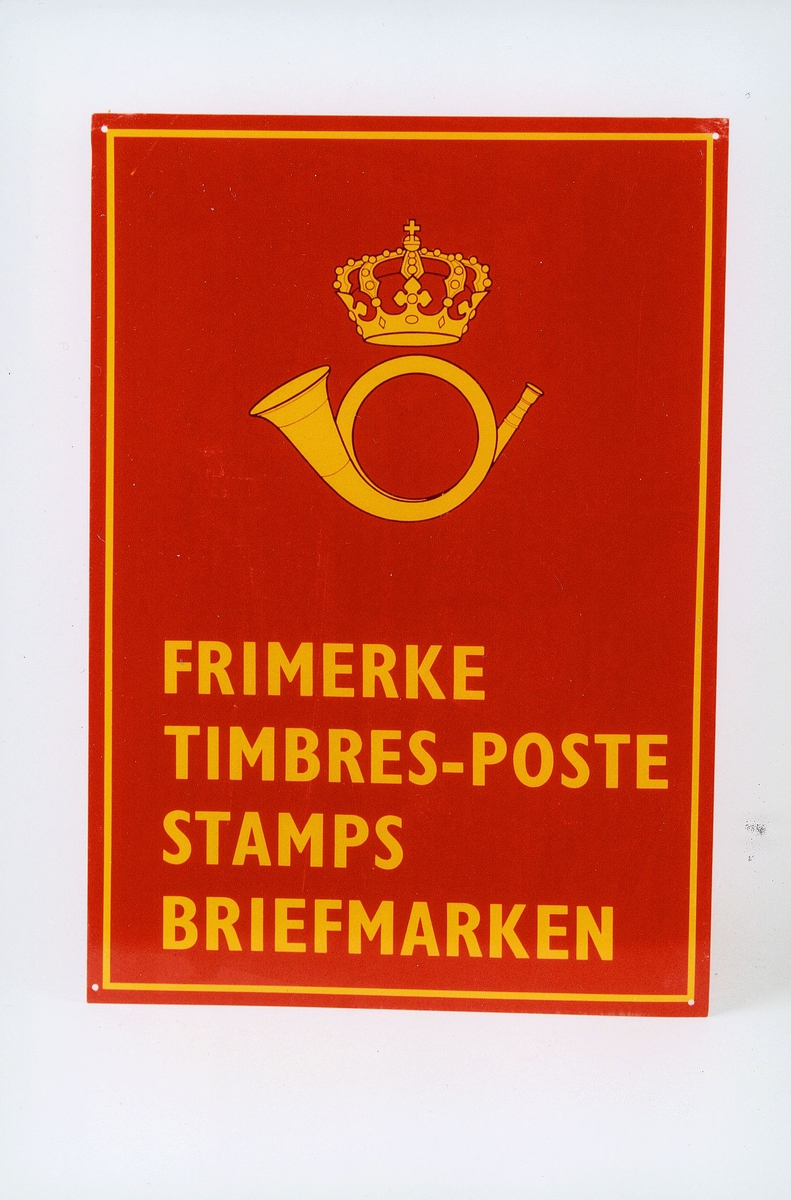 Rødt metallskilt med gul dekor; Postlogo og Frimerke, Timbres-poste, Stamps, Briefmarken
ex 1
ex 2
ex 3
ex 4
ex 5
ex 6
ex 7
ex