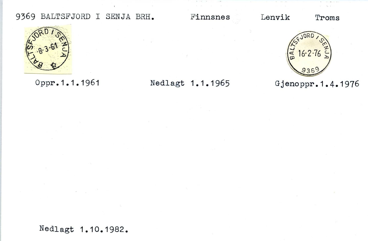 Stempelkatalog, 9369 Baltsfjord i Senja brevhus. Finnsnes postkontor. Lenvik kommune. Troms fylke.