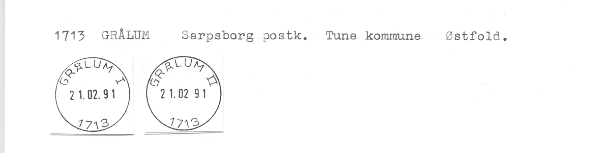 Stempelkatalog 1713 Grålum, Sarpsborg, Tune, Østfold