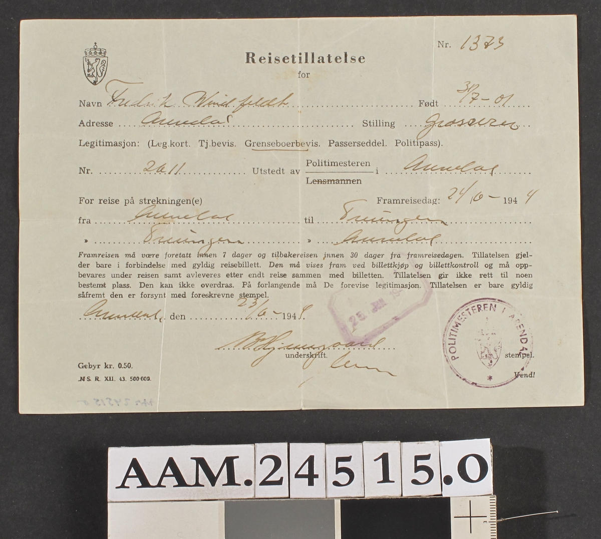Reisetillatelse fra Arendal til Treungen , F. Windfelt 24/6 1944.