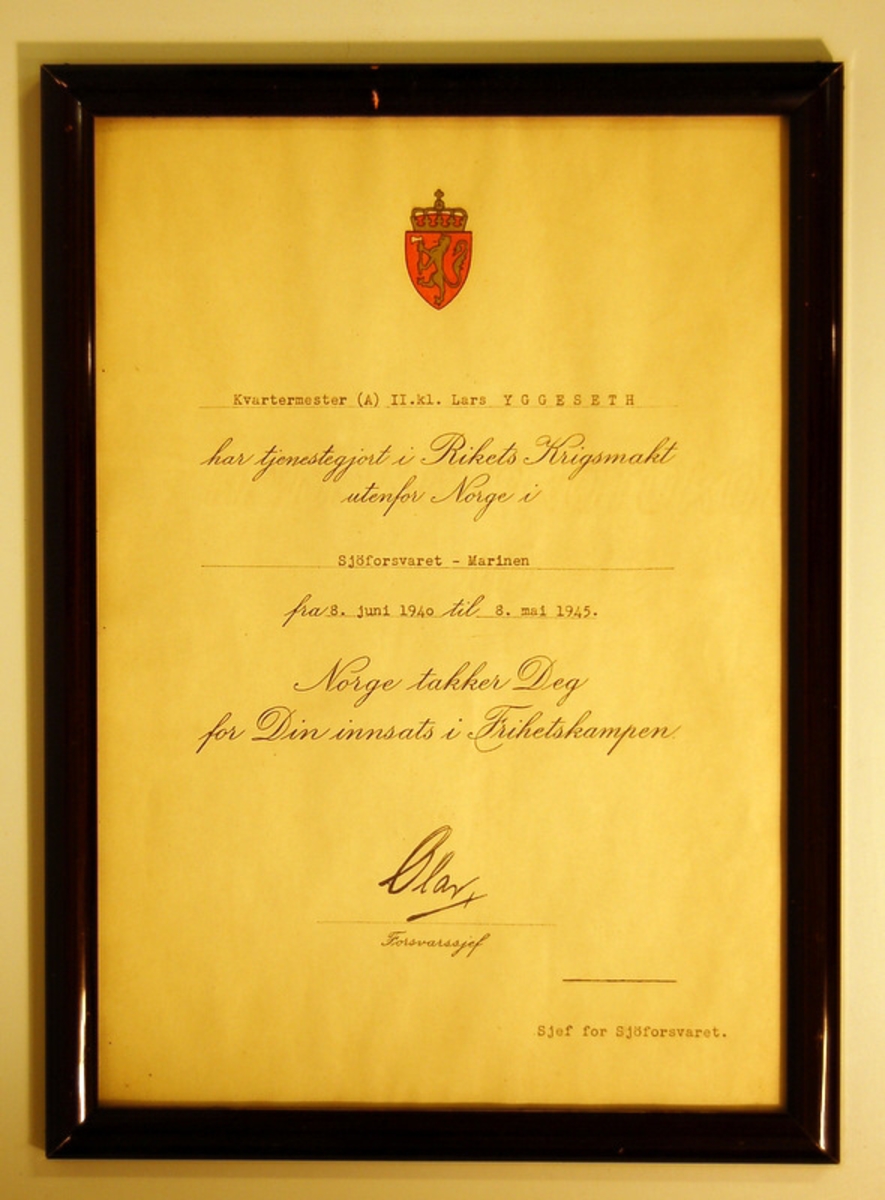 Diplom i glass og ramme