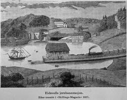 Avbildet tresnitt. Eidsvoll jernbanestasjon i 1857. Efter tr