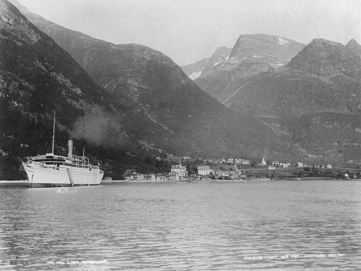 Loen, Nordfjord med båten "Meteor" på fjorden.