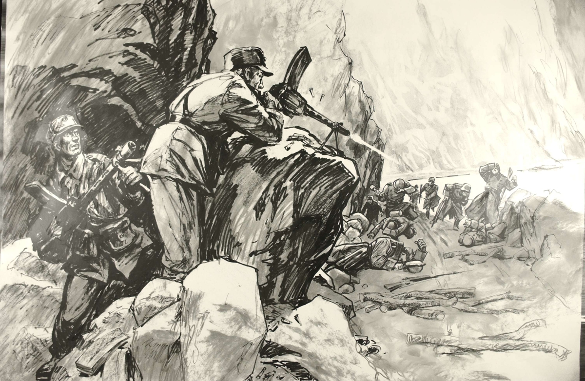 Kaptein Nils H. Houge i stilling med sine maskingevær. Kampene i Norge 1940, bind 2, side 51.