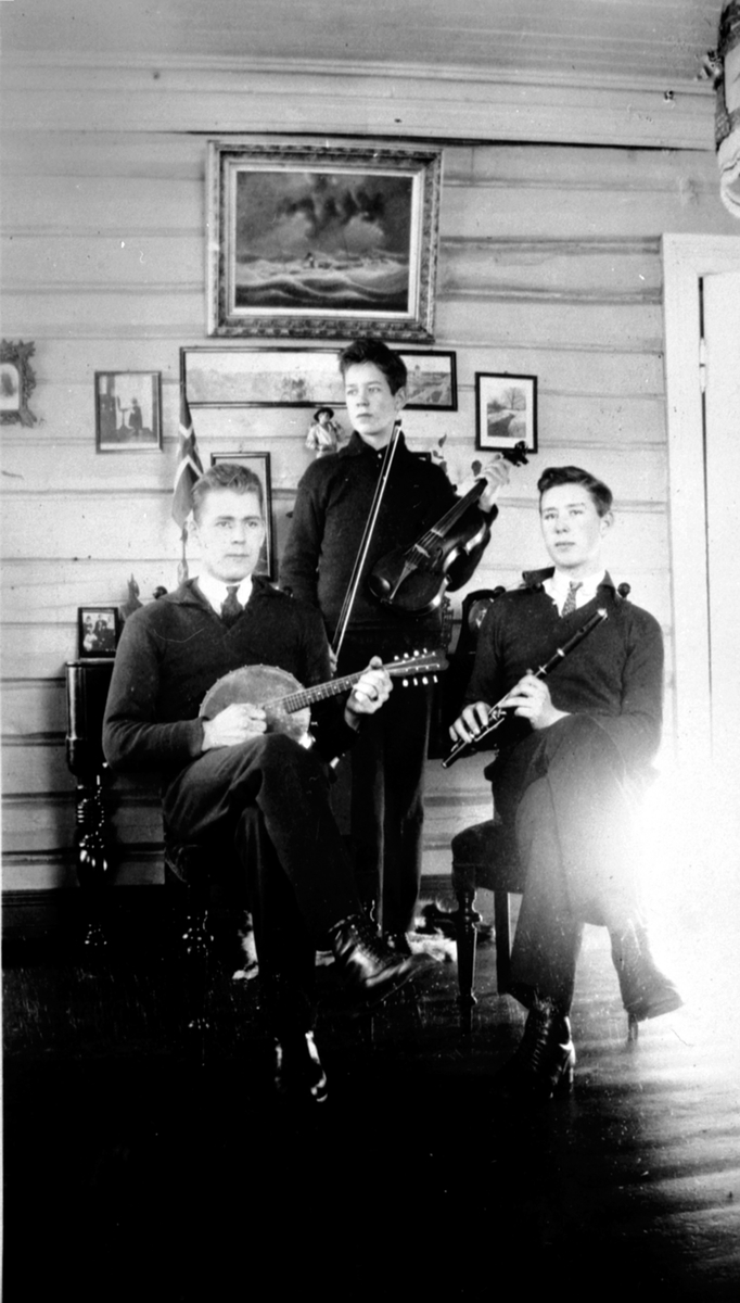 3 musiker med mandolin, fele og fløyte. Fra venstre er Reidar Randby f.1900, Alfred Randby f.1906 og Trygve Randby f.1904. Alle emigrerte til Amerika.