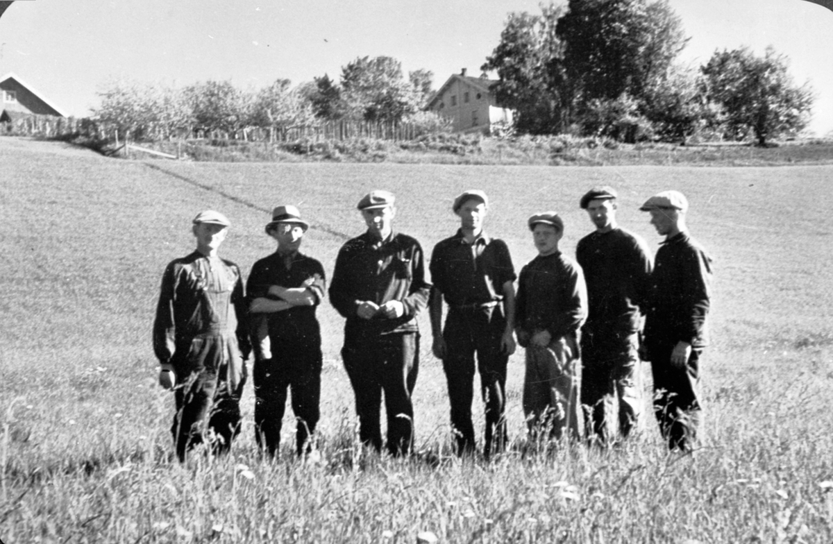 Arbeidskarer på Tjern gård, Ringsaker. Fra venstre er Oskar Johnsen, ukjent, Sverre Syversen, Einar Johansen, Mauritz Bekken, Kåre Syversen, Olaf Sjørengen.