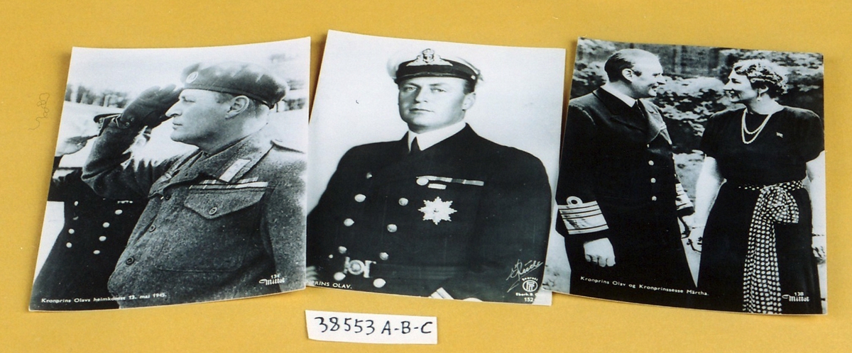 A: Kronprins Olav i uniform.  B: Kronprins Olavs Hjemkomst 13. mai 1945.  C: Kronprins Olav og Kronprinsesse Märtha.