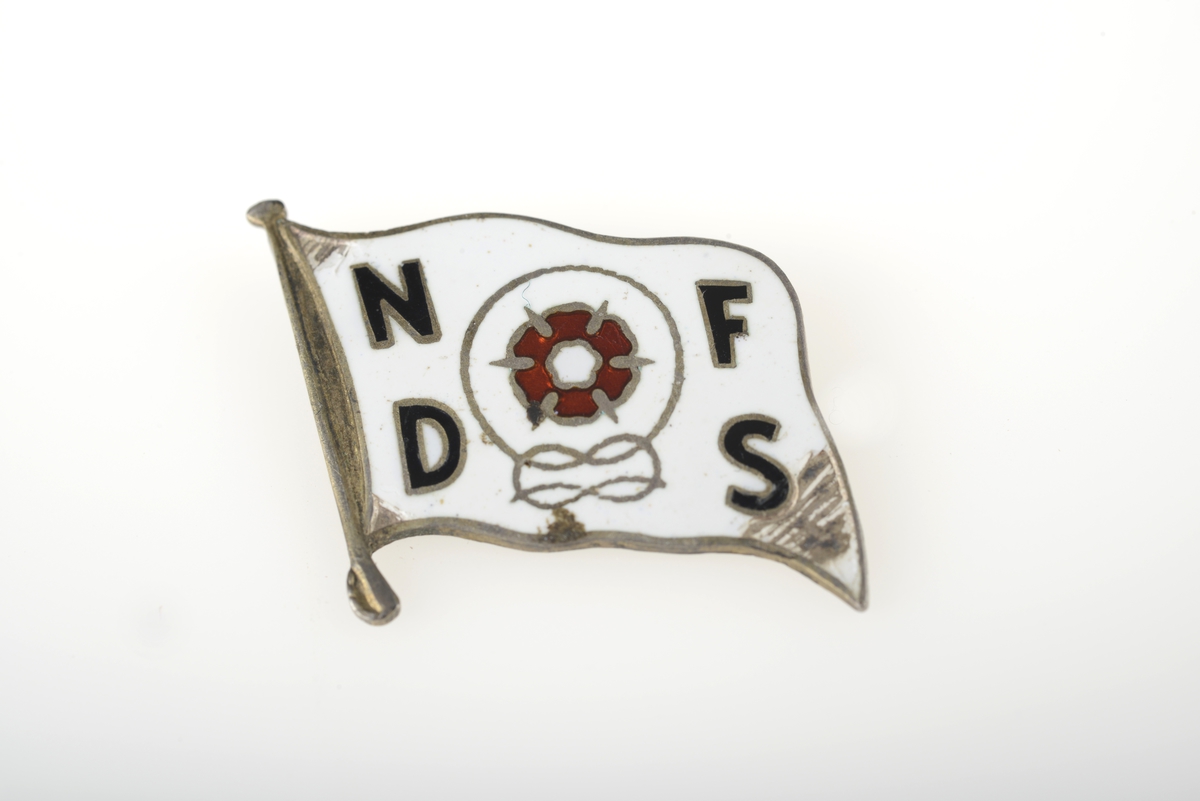 Nål med motiv av et ror med forkortelsen NFDS.  Nåla er formet som et flagg.