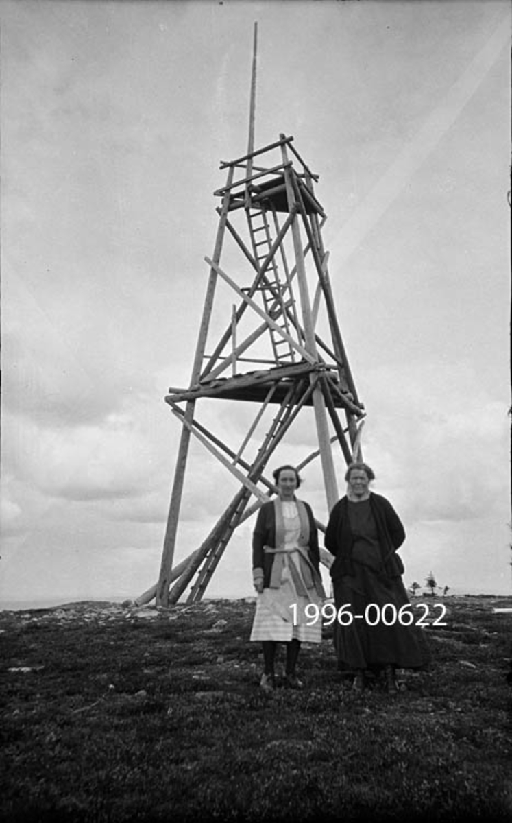 Brannvakttårnet på Brumundkampen i Vang almenning på Hedmarken, fotografert i august 1933. Fotografiet viser et tårn, oppført av rundtømmer (stolper) med triangulært grunnplan.  De tre hjørnestolpene skrår svakt mot tårnets sentralakse. Konstruksjonen er avstivet med krysslagte tømmerstokker på alle sider i to plan. Atkomst til utsiktspunktet på toppen skjer ved hjelp av stiger - via et golvplan midt i tårnet og opp gjennom golvet i topplanet. Her er det rekkverk og en stolpe som rager videre oppover, muligens ei flaggstang. To kjolekledde kvinner poserer for fotografen foran tårnet.