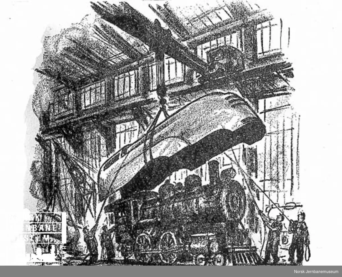 Tegning av Otto Kuhler : Streamlining. En strømlinjet kledning som heises ned på et damplokomotiv